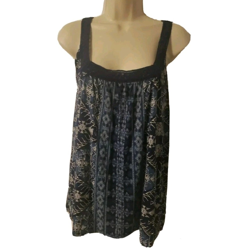 Lucky Brand Boho Sleeveless Top Keyhole Embroidered Trim Blue White Aztec Sz XS‎